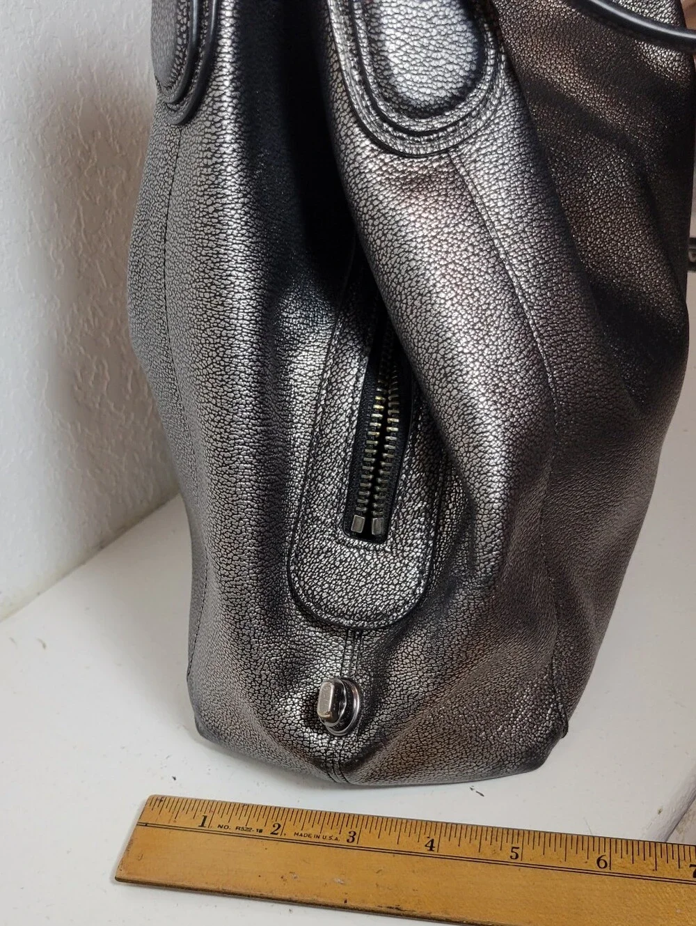 Coach Gunmetal Pebbled Shoulder Bag Silver Hardware Zip Magnetic Logo Charm